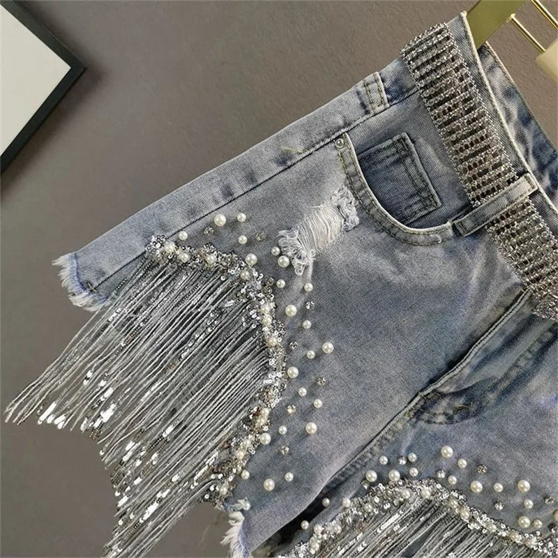 2023 Women Spring Summer New Elegant Shorts Lady Tassel Beading High Waist Wide Leg Denim Shorts Female Streetwear Casual Pants  Amaijoin