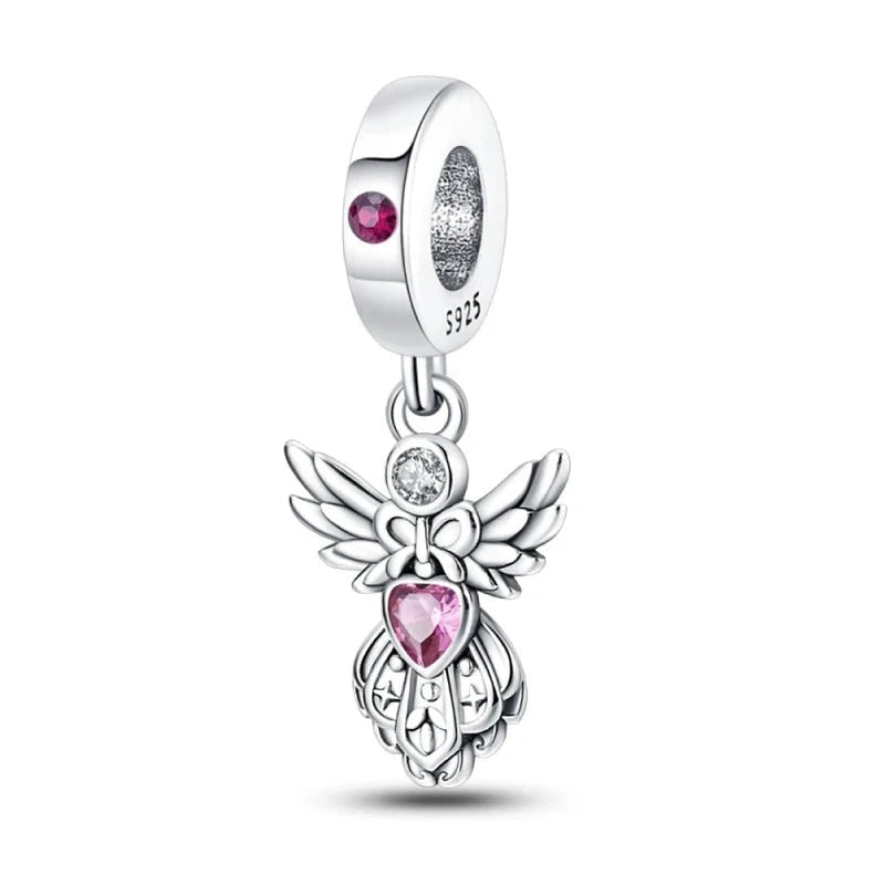 925 Sterling Silver Classic Purple Retro Heart Shape Lotus Angel Pattern Charms Beads Fit Pandora Original Bracelets DIY Jewelry  Amaijoin