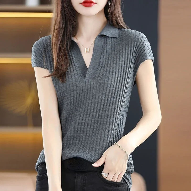 Women's T Shirts Clothes Black Top White Polo Neck Shirt Short Sleeve Tee Knit Green Aesthetic Offer Free Shipping Cute V New  Amaijoin