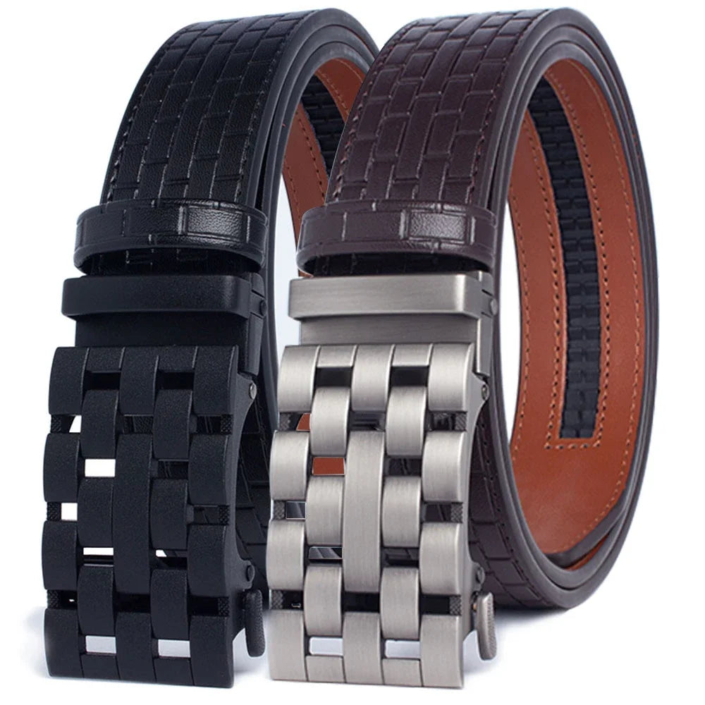 2023 Men Belt Metal Luxury Brand Automatic Buckle Plaid Genuine Leather Belts for Men Waist Strap Black Male  Amaijoin