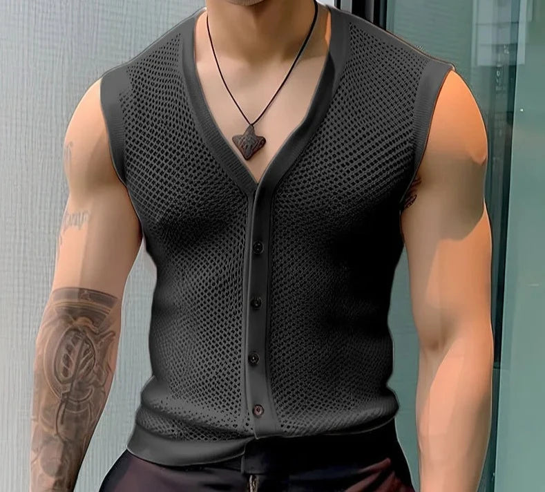 INCERUN 2024 Men Tank Tops Mesh Hollow Out Solid V Neck Sleeveless Summer Male Vests Transparent Streetwear Fashion Men Clothing  Amaijoin