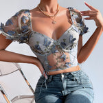 Carregue a imagem no visualizador da Galeria, Koltailace Bufferfly Embroidery Puff Sleeve Top Women V Neck Summer Backless Short Sleeve Sexy Cropped Top Blouse  Amaijoin
