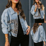 Carregue a imagem no visualizador da Galeria, 2023 Spring New Denim Jacket Women Long-sleeved Denim Jacket Female Leopard Stitching Female Tops  Amaijoin
