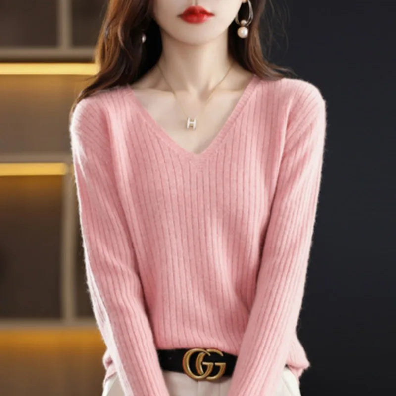 Women Sweater Long Sleeve Top Knitted Pullover V-Neck Fashion Sweater Woman Winter 2022 Basic Female Clothing Soild OL Sweaters  Amaijoin