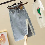 Carregue a imagem no visualizador da Galeria, High-waisted Denim A- line Skirt For Women 2024 Spring Summer Slimming Bodycon Skirt Side Slit Petite Size Medium Length  Amaijoin
