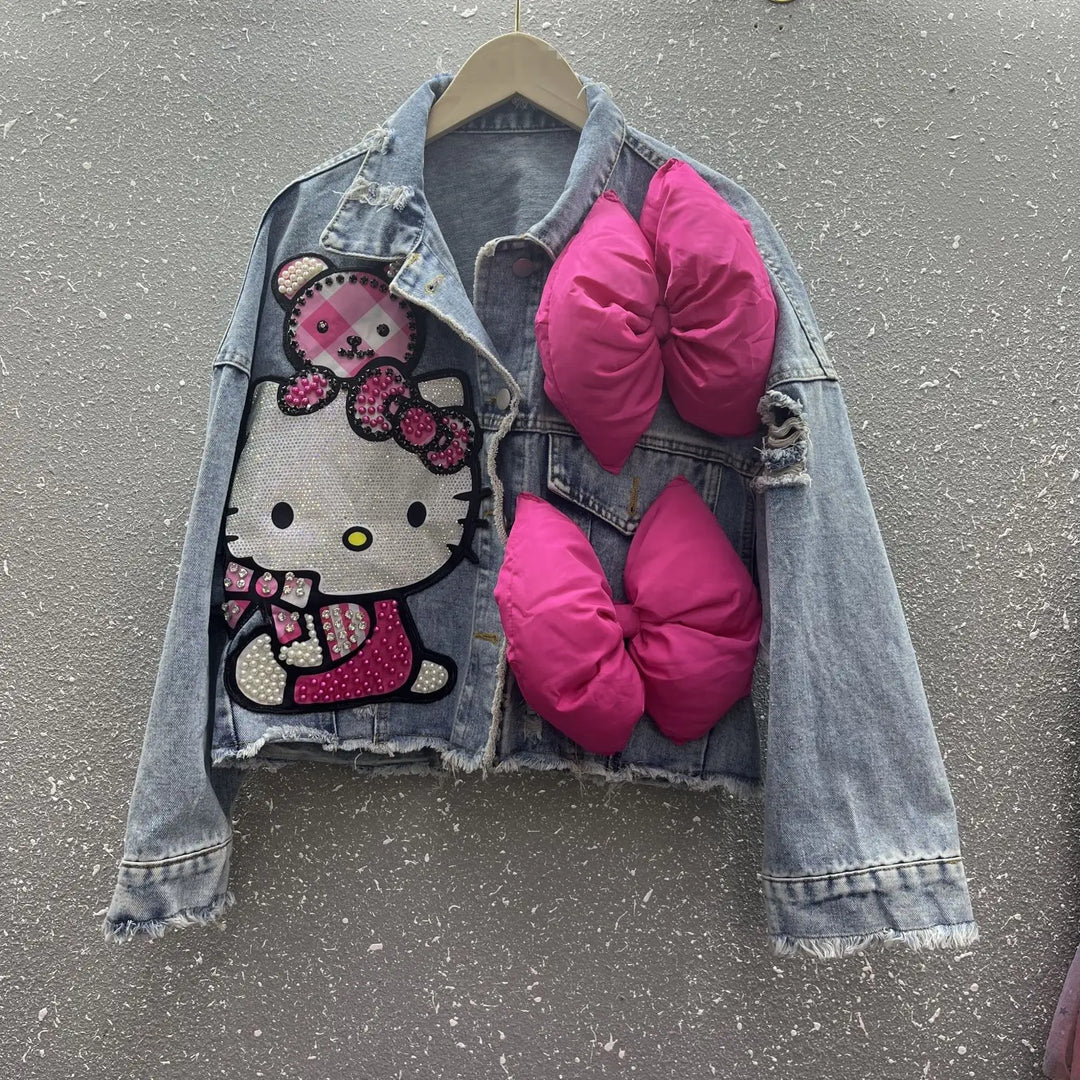 MINISO Hello Kitty Cartoon Denim Jacket Women Spring Autumn Sanrio Anime 2024 New Fashionable Coat  Amaijoin