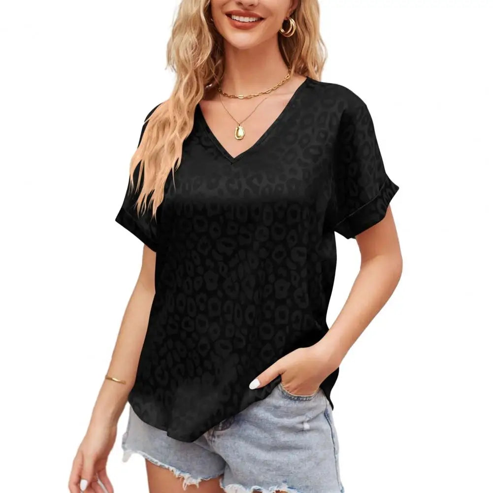 Summer V-Neck Short Sleeve T-shirt Leopard Print Smooth Satin Pullover Blouse Women Casual Tops Streetwear  Amaijoin