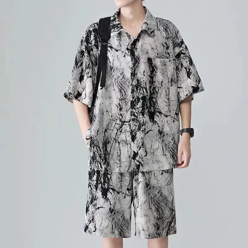 Unique Niche Design Sensibility Casual Tie Ice Silk Sports 2-piece Set Men's Short Sleeve Shirt Youthful Style  Amaijoin