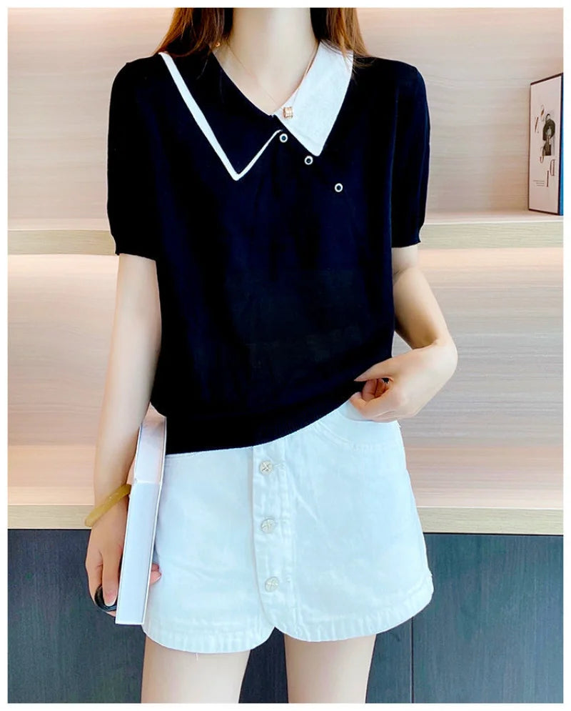 With Collar Plain Top Fitted Women's Y2k Pullover New Products Knit Black Fashion T Shirt Petite Female Polo Neck Tee Shirts Hot  Amaijoin