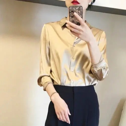 Luxury Blouses or Tops for Women Casual Loose Youth Long Sleeve Korean Chiffon Fashion Formal Silk Office Wear Satin Shirt Woman  Amaijoin