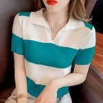 Load image into Gallery viewer, Clothing T-shirt Woman Tops Red Knit Polo Neck Shirts for Women Green Striped Short Sleeve Tee V Cute Youth High Quality Cotton  Amaijoin
