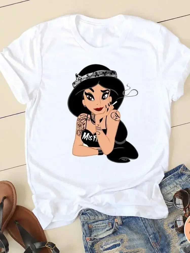 Women's T-shirt Short Sleeve Cartoon Graphic Casual Tee Clothes College 90s Style Interconnection Princess Fashion Female  Amaijoin