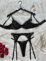 Carregue a imagem no visualizador da Galeria, Sensual Leather Lingerie Kit Push Up Bra Sissy Bilizna Outfit Fetish PU Uncensored Intimate Women Sexy 3 Pieces Black Costume  Amaijoin
