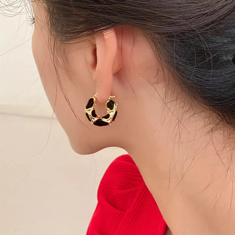 New Trendy Enamel Color Metal Texture Small Hoop Earrings for Women Gold Plated Statement Ear Buckle Creative Jewelry Gifts  Amaijoin