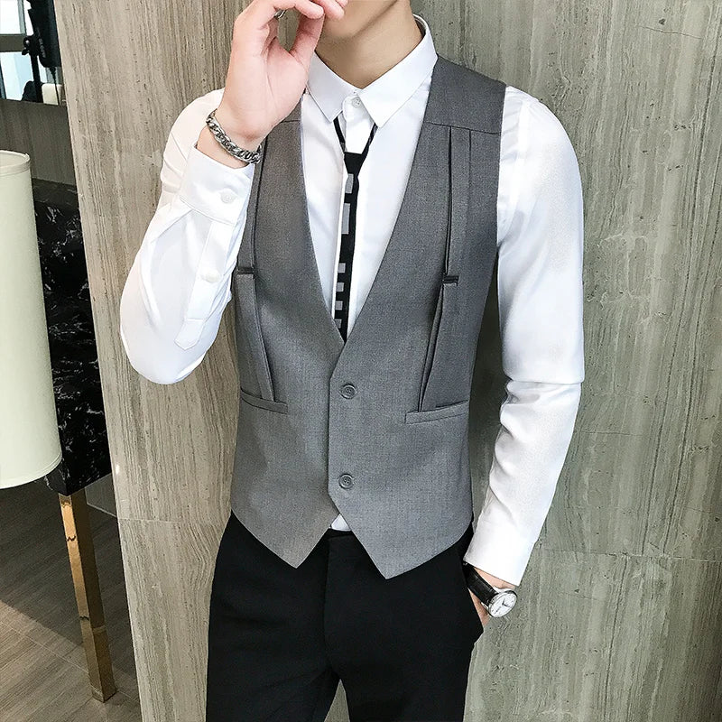 Brand Strap Decorative Vest Men Casual Sleeveless Vests Slim Fit Prom Party Disco Waiter Nightclub Dress Vest Tuxedo Gilet Homme  Amaijoin