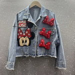 Carregue a imagem no visualizador da Galeria, 2024 New Women Coat Cartoon Sticker Embroidered Sequin Short Denim Jacket Loose Bowknot Top  Amaijoin
