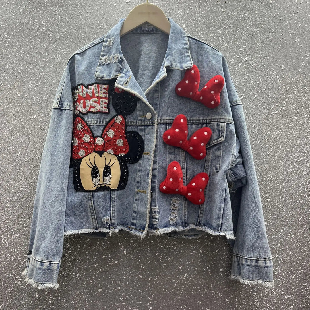 2024 New Women Coat Cartoon Sticker Embroidered Sequin Short Denim Jacket Loose Bowknot Top  Amaijoin