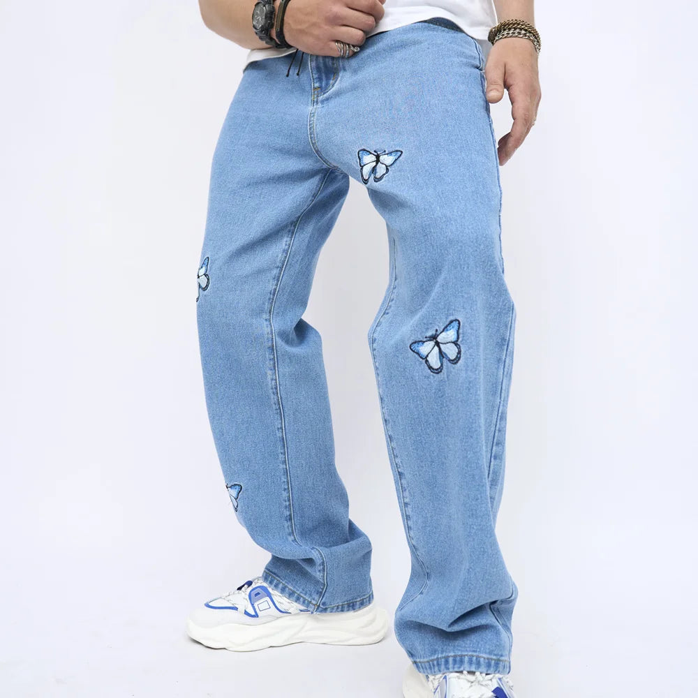 2023 New Men Butterfly Embroidery Stylish Loose Straight Jeans Pants Male Cotton Casual Denim Trousers  Amaijoin