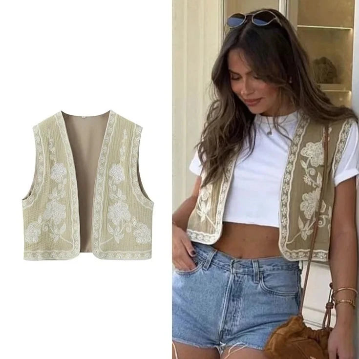 Summer 2024 Women Sleeveless Embroidered Vest Causal Female Vintage Boho Vest Woman Cropped Jacket Waistcoat Women Cardigan  Amaijoin