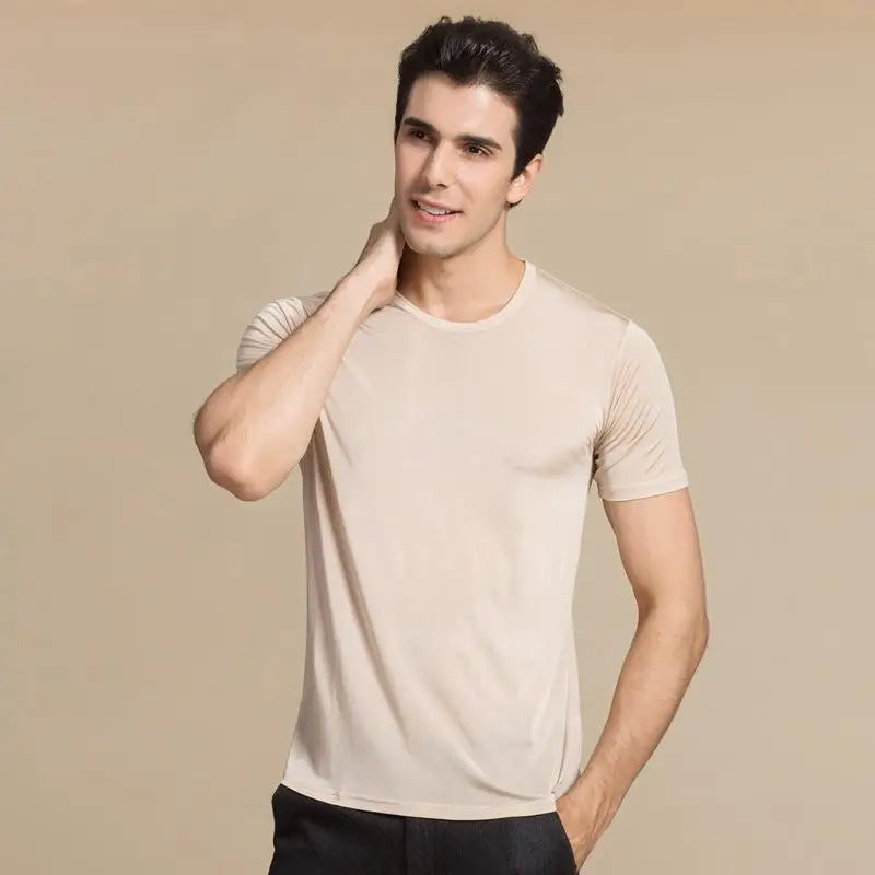 High Quality Mulberry Silk AAA grade Round  Neck Short Sleeve Men shirt Knitted Large Middle Thin Cultural  White Black Silver  Amaijoin