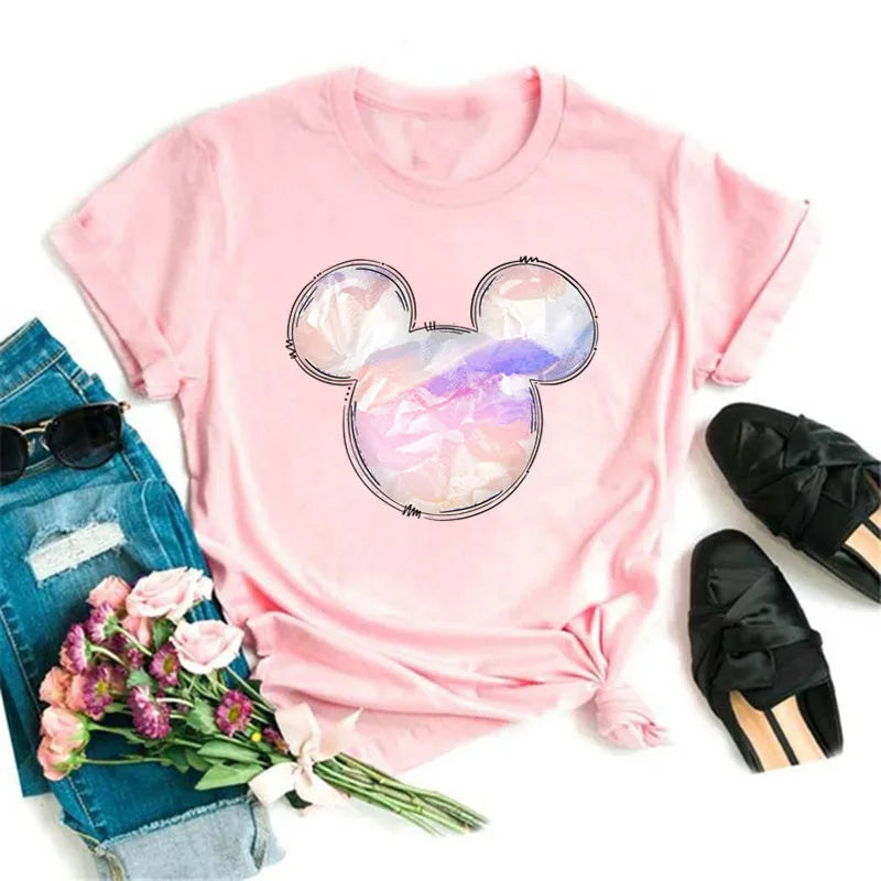 New T-shirts for Women Fashion Heart Minnie Print T Shirt Streetwear Clothes Kawaii Mickey Mouse Disney T Shirt Female Tops  Amaijoin