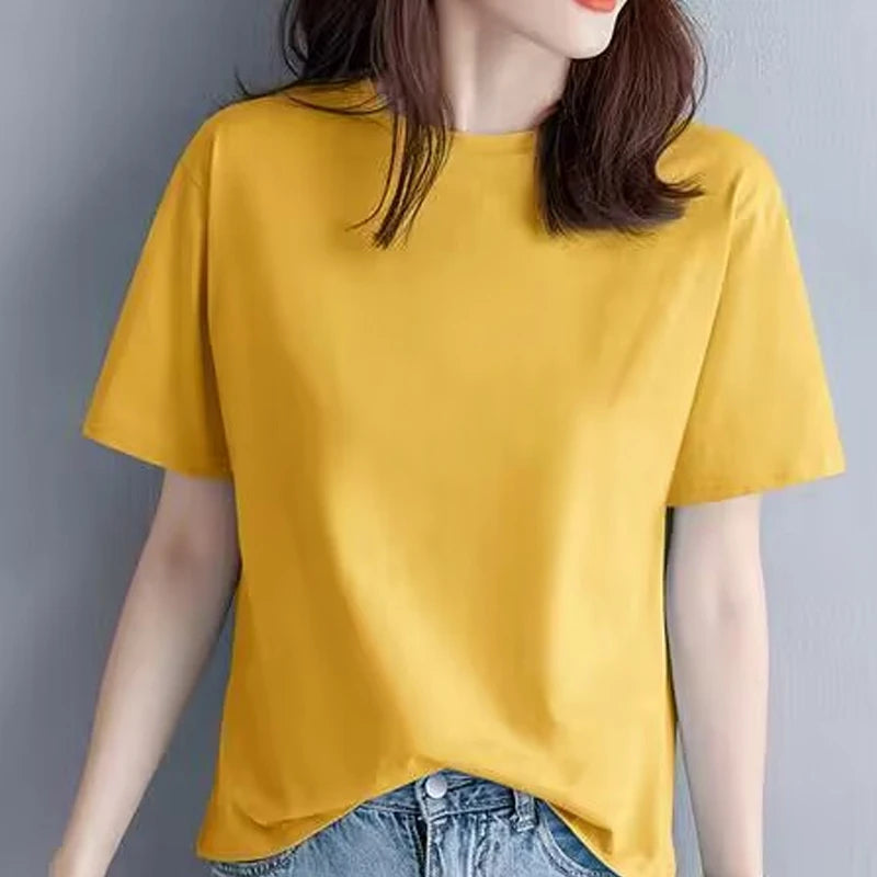 Summer Casual 100% Cotton Regular-Fit Women Crew Neck Basic White T-Shirts  Amaijoin