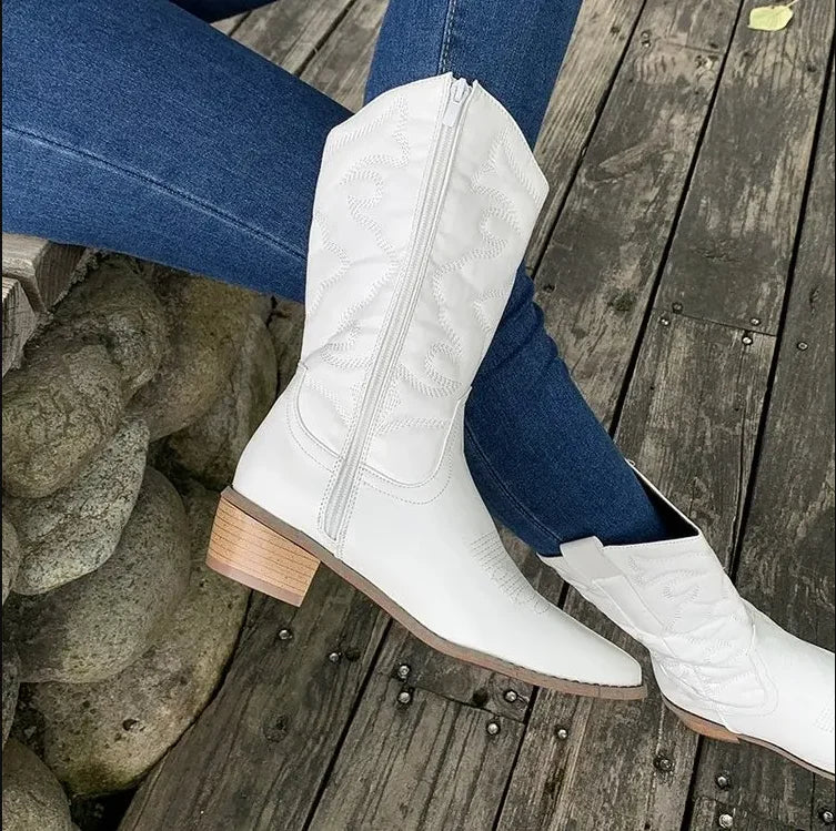 Gold Mid-calf Boots Woman Side Zipper Silver Pointed Western Cowboy Boots Retro Fashion Black Boots Plus Size 36-43 Women Boots  Amaijoin