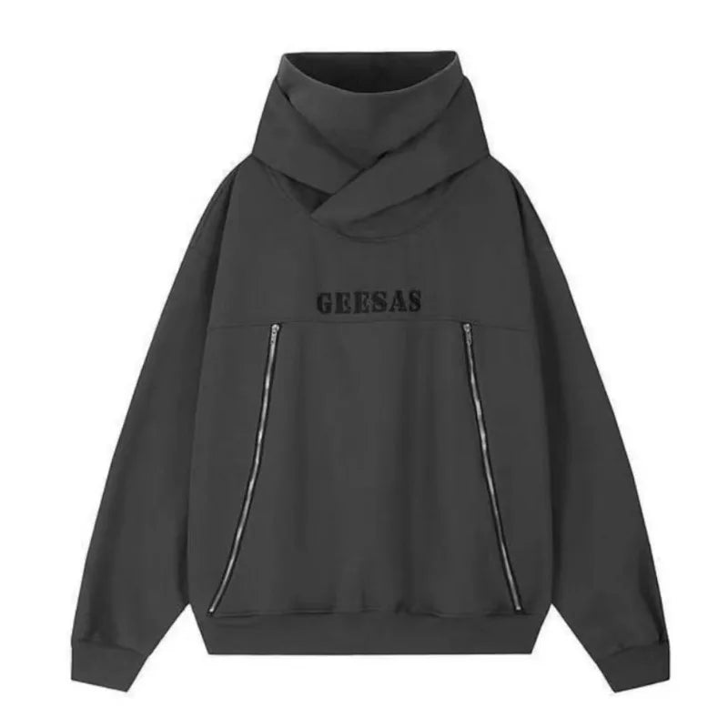 Men Women High Collar Hoodies American Style Zipper Embroidery Harajuku Hip Hop Hooded Sweatshirt Street Loose Couple Pullovers  Amaijoin