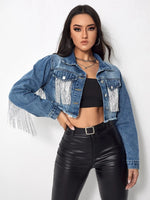 Carregue a imagem no visualizador da Galeria, Women&#39;s Fringe Jacket Tassel Cropped Denim Jacket Raw Hem Ripped Crop Jean Jackets  Amaijoin
