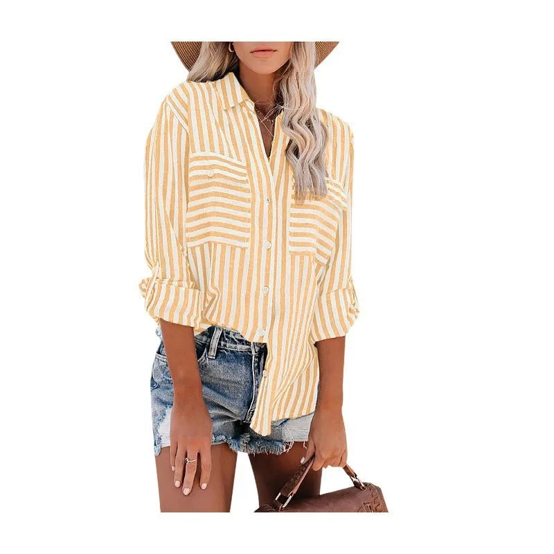 Women's Spring/Summer 2024 New Striped Single Breasted Long Sleeve Shirt Women Elegant and Youth Woman Stylish Blouse  Amaijoin