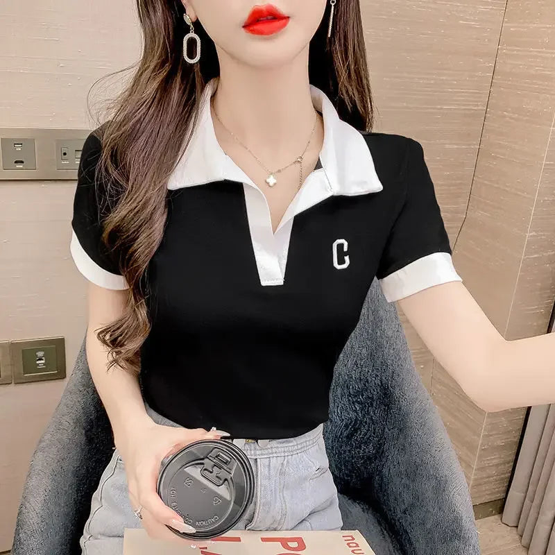 White Short Sleeve Tee Black Women's T Shirts Crop Top Clothes Polo Neck Shirt New Luxury V Aesthetic Sale Y2k Fashion Trend  Amaijoin