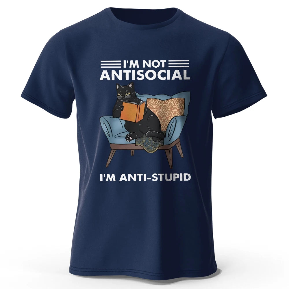 Men's I Am Not Anti Social Printed T-Shirt 100% Cotton Oversized Funny Cat Graphic Tees for Men Women Summer Tops  Amaijoin