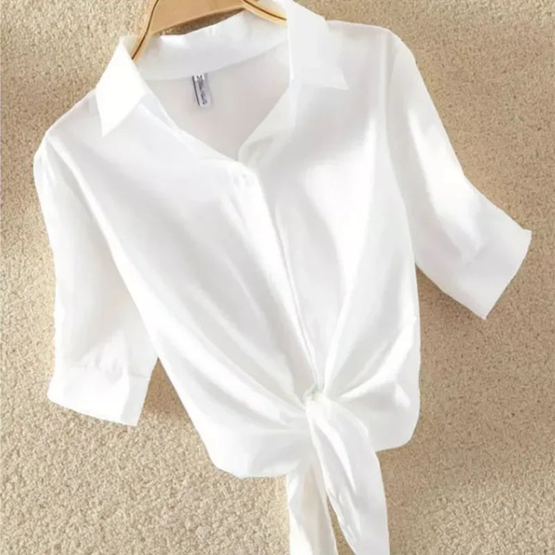 New Summer Casual Women's Shirt 2024 Shawl White Buttoned Up Blouse Women Cotton Woman Tops Elegant Lady Tunics Clothes 19870  Amaijoin