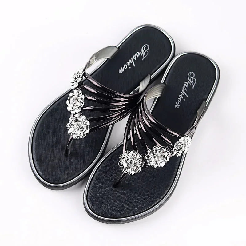 Luxury Rhinestones Flowers Flip Flops Women Summer 2024 Ladies Slippers Flats Sandals Woman Comfortable Anti-Skid Beach Shoes  Amaijoin