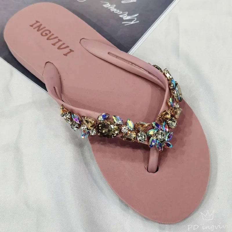 Slippers Women Glitter Flip Flops  Summer 2023 Fashion Outdoor Rhinestone Chain Wedge Beach Slippers Jelly Hawaiian Flat Sandals  Amaijoin