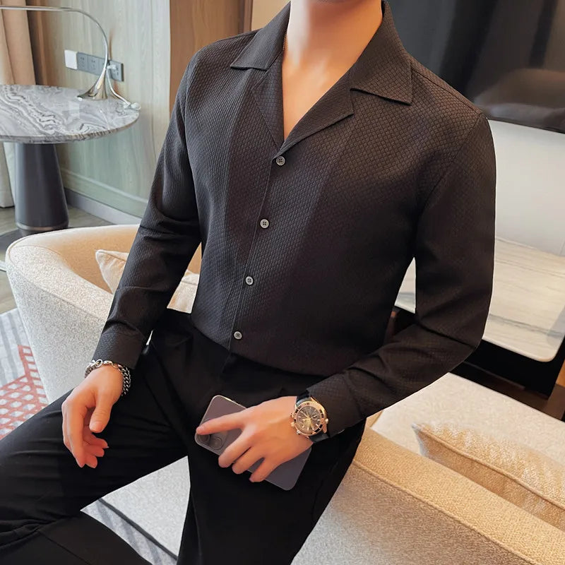 2024 Spring Summer V-neck Long Sleeved Shirt for Men's Business Casual Formal Dress Shirts Male Social Party Tuxedo Streetwear  Amaijoin