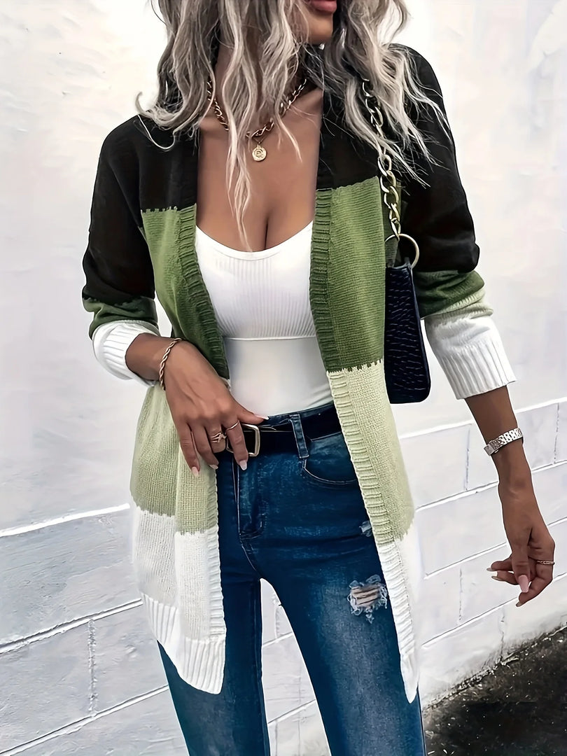 Women's Color Block Cardigan - Stylish Long Sleeve Sweater for Fall and Winter  Amaijoin