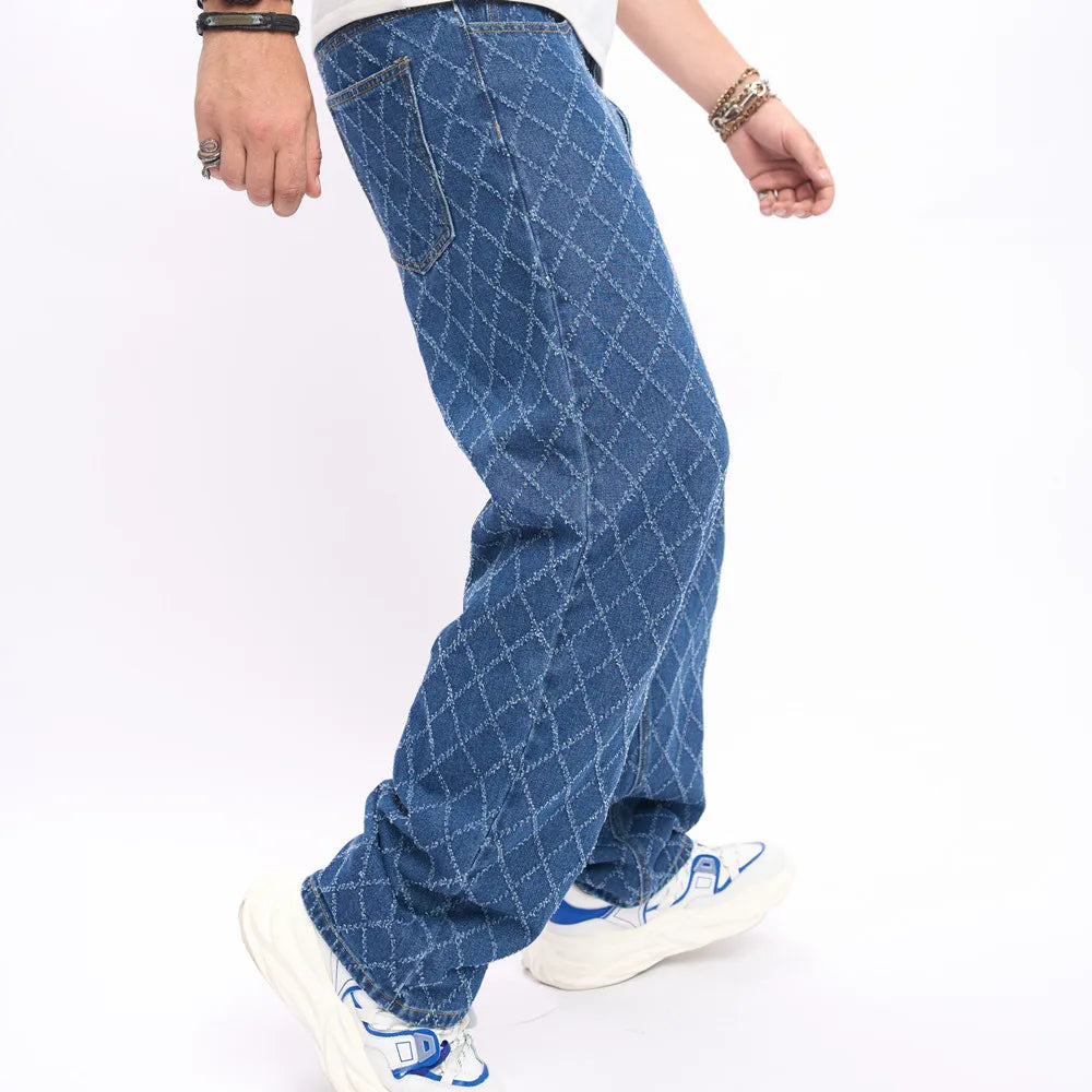 2023 Men Stylish Plaid Loose Straight Jeans Trousers Male High Quality Casual Denim Pants  Amaijoin