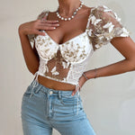 Carregue a imagem no visualizador da Galeria, Koltailace Bufferfly Embroidery Puff Sleeve Top Women V Neck Summer Backless Short Sleeve Sexy Cropped Top Blouse  Amaijoin
