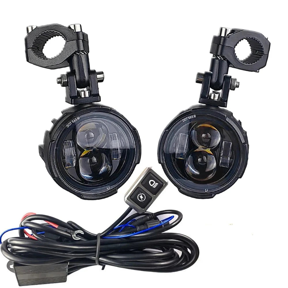 Pair 100W Motorcycle Headlight Fog Lights Led Auxiliary Driving Light Spotlight Headlamp Dual Color flasher farol Moto Fog Lamp.  Amaijoin