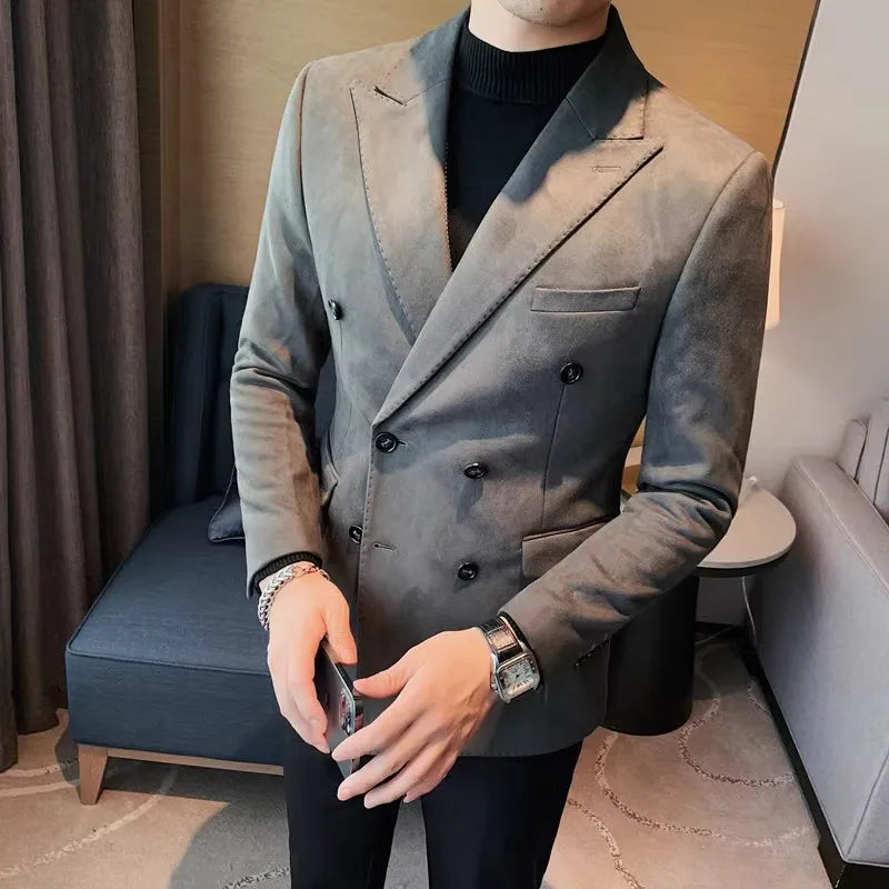 2023 Autumn Winter Suede Blazers Men Double-breasted Buttons Casual Business Suit Jacket Streetwear Social Blazer Masculino  Amaijoin