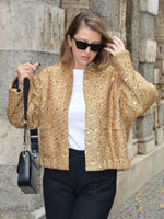 Carregue a imagem no visualizador da Galeria, HH TRAF Autumn Sequins Golden Loose Jacket for Women Sparkle Long Sleeve Casual Bomber Jacket with Pockets Female Fashion Coats  Amaijoin
