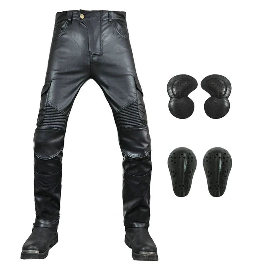 NEW Motorcycle Riding Jeans Motocross Racing Pants PU Leather Biker Trousers Waterproof Windproof Men With 4 X CE Knee Hip Pad  Amaijoin