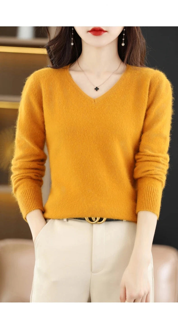 Women's Flat V-neck Mink Cashmere Sweater New Autumn/winter 2023 Knitted Loose Pullover Commuter Basic Knit Top  Amaijoin