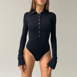 Carregue a imagem no visualizador da Galeria, Spring Summer Fashion Sexy Black Tops Bodysuit Long Sleeve Snap Fastener Bodysuit Turndown Collar Skinny Bodys Streetwear Female  Amaijoin
