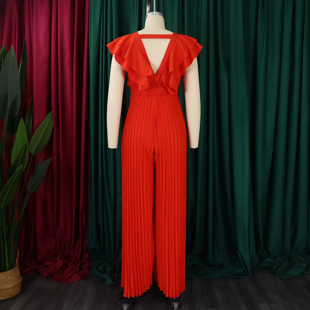 Elegant Pleated Jumpsuits & Rompers Women Deep V Neck Ruffles High Waisted Floor Length Luxury Birthday Party Dinner Outfits New  Amaijoin