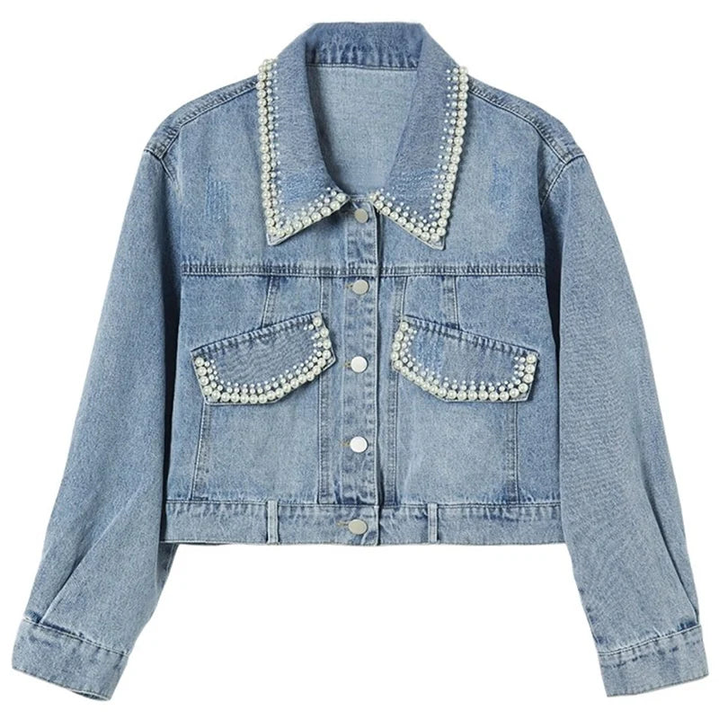 Denim Short Coat Women Lovely Autumn Pearls Buttons Lapel Loose Jacket Korean Fashion Female Casual Light Blue Street Outwear  Amaijoin