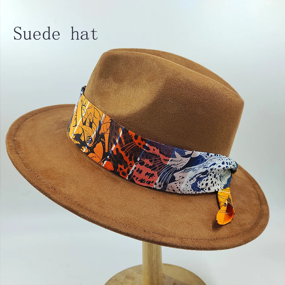 Hand-painted Fedora Hat Men's and Women's Hat Panama Spring Autumn Fashion with Wrapped Feather Wool Fedora Hat Big Brim  Amaijoin