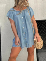 Carregue a imagem no visualizador da Galeria, Fashion Waist Solid Party Dress Summer Sexy Off Shoulder Tassel Denim Dress Lady Slash-neck Short Sleeve Flim Jean Mini Dress  Amaijoin
