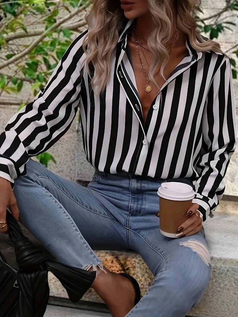 Women's Plus Size Long Sleeved Striped Printed Shirt with Lapel Buckle Casual Black and White Contrasting Striped Top Blouse  Amaijoin